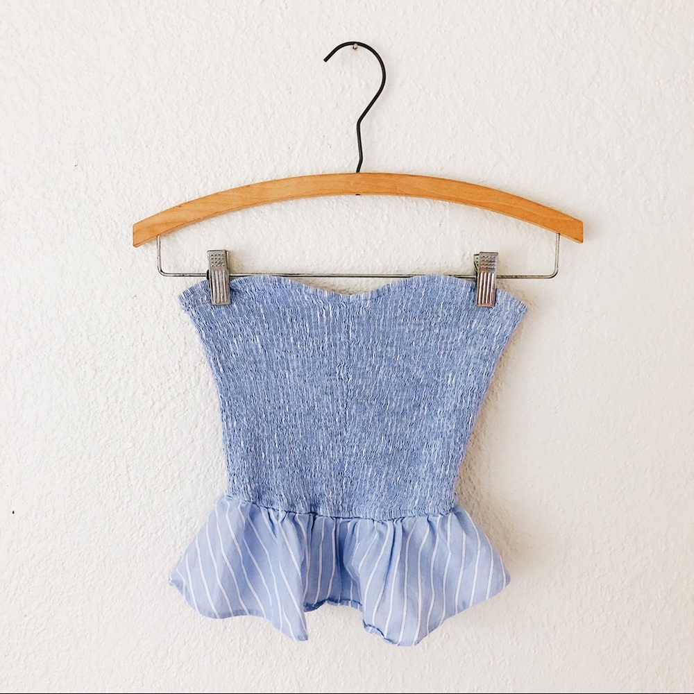 Zara Blue and White Striped Peplum Tube Top XS